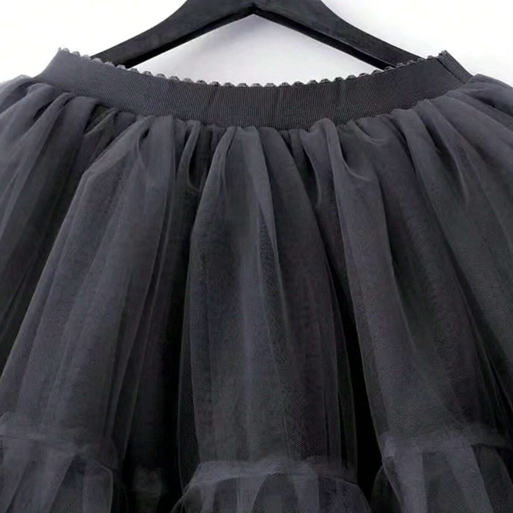 Black Preppy Womens Solid Mesh Overlay Ruffle Hem Skirt - Picture 5 of 5